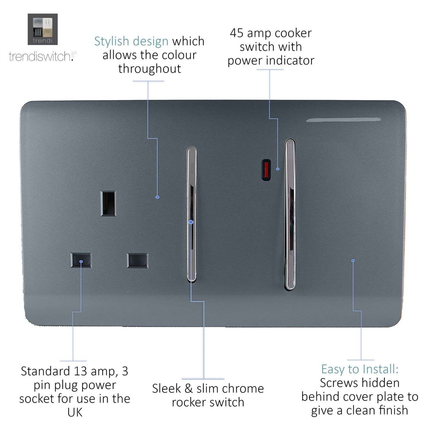 Trendi Artistic Modern Glossy 45 A Cooker Switch & Plug Socket Inc Neon Insert Warm Grey