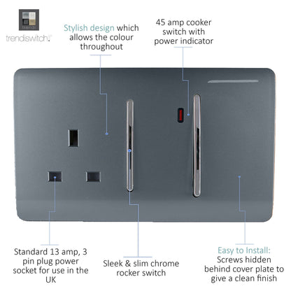 Trendi Artistic Modern Glossy 45 A Cooker Switch & Plug Socket Inc Neon Insert Warm Grey