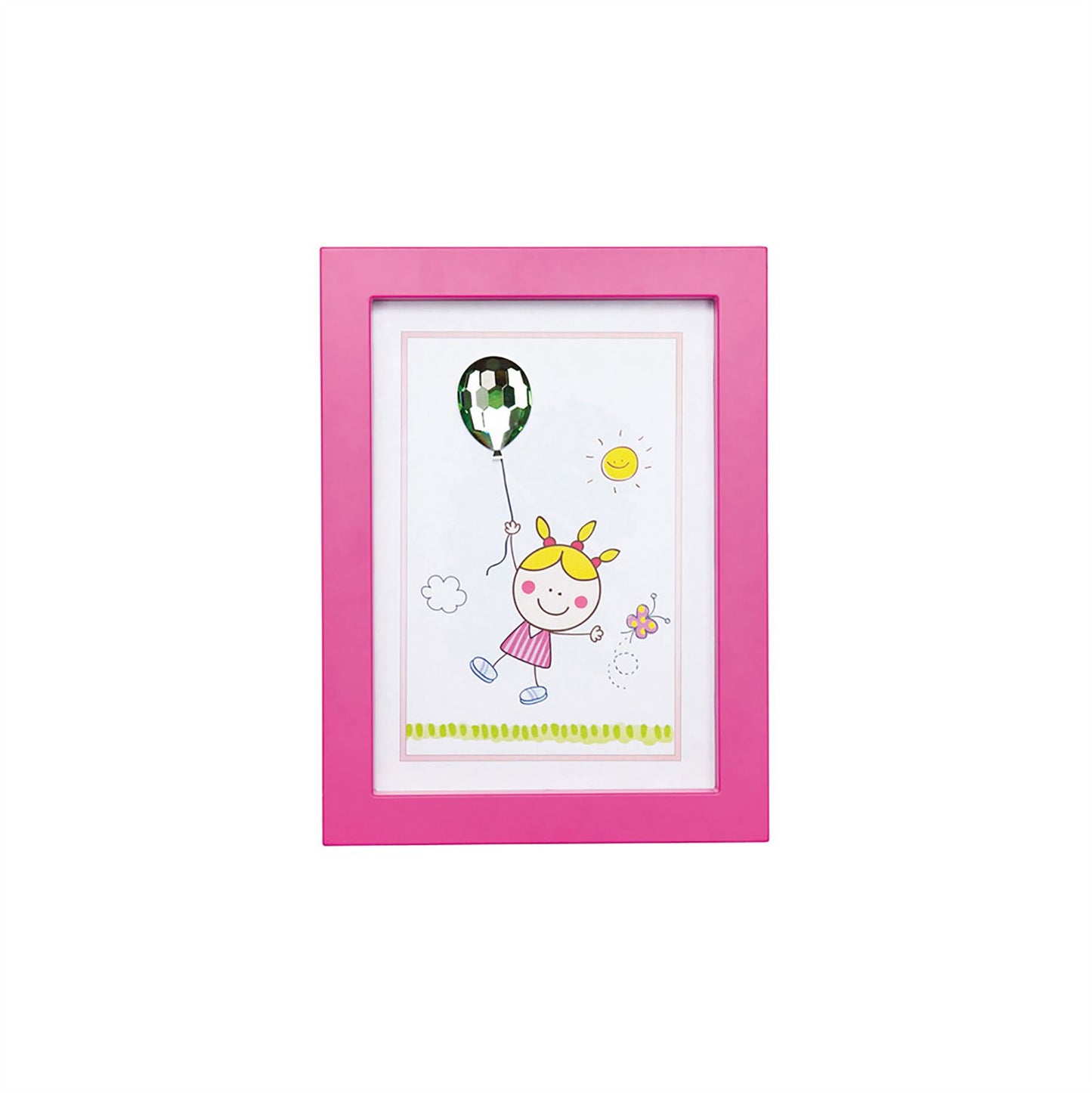 Diyas Home Crystal Wall Art (DH) Bambino Girl with Balloon, Pink Frame Green Crystal Framed