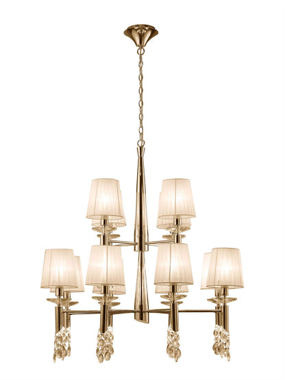 Mantra Tiffany 85cm Pendant 2 Tier 12+12 Light E14+G9, French Gold with Cream Shades & Clear Crystal