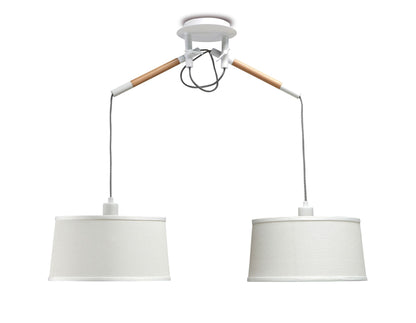 Mantra M4930 Nordica Linear Pendant with White Shade 2 Light E27, Matt White/Beech with Ivory White Shades