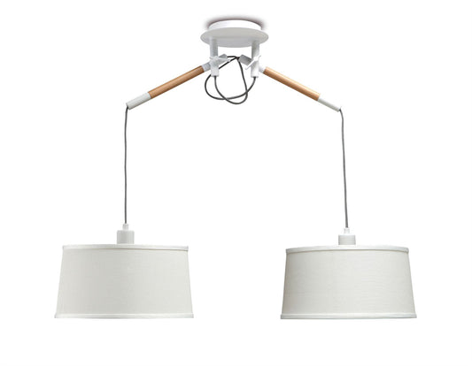 Mantra M4930 Nordica Linear Pendant with White Shade 2 Light E27, Matt White/Beech with Ivory White Shades