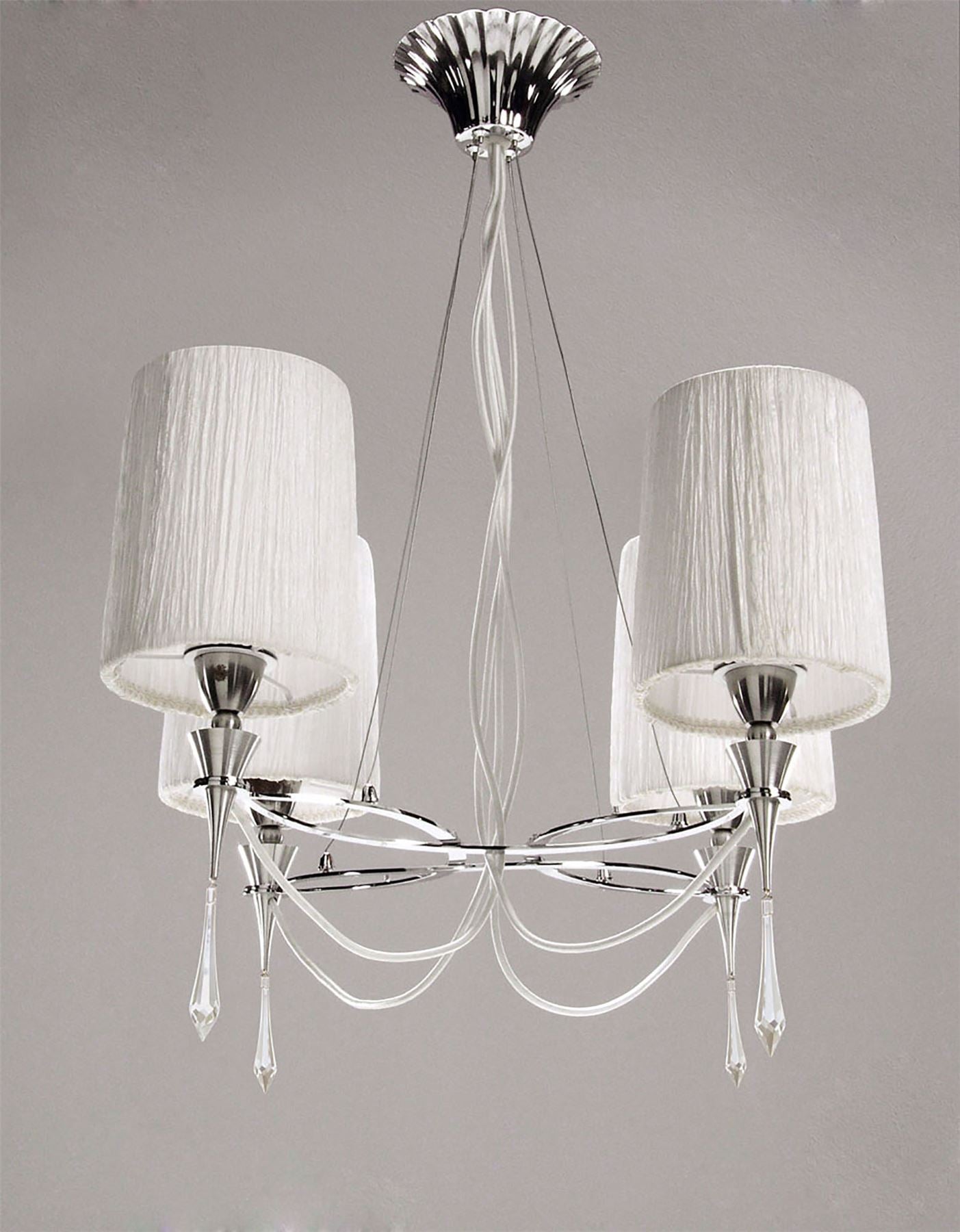 Mantra Lucca 71cm Pendant 4 Light E27, Polished Chrome with White Shades & Clear Crystal