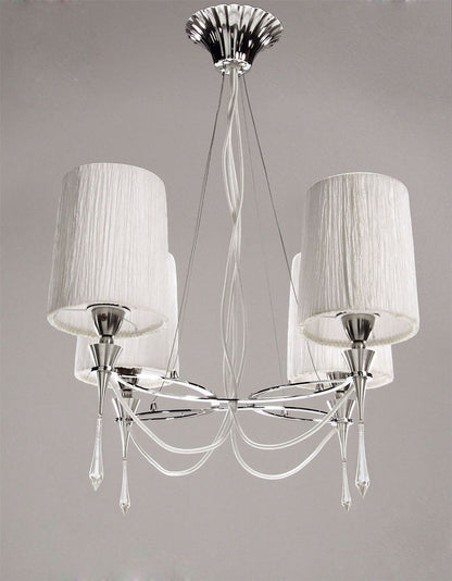 Mantra Lucca 71cm Pendant 4 Light E27, Polished Chrome with White Shades & Clear Crystal