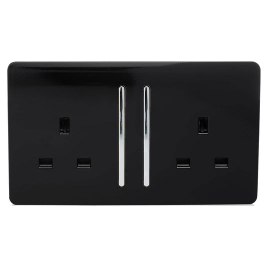 Trendi 2 Gang Artistic Modern Glossy 13 Amp Switched Tactile Plug Socket Piano Black (3 Pack)