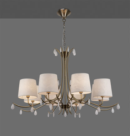 Mantra M6332 Andrea Pendant 100cm Round, 8 x E14 (Max 20W), Antique Brass, White Shades, White Crystal Droplets