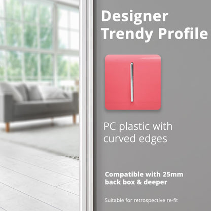 Trendi 1 Gang 2 Way 240V Screwless Artistic Modern Glossy 10 Amp Chrome Rocker Electrical Wall Light Switch in Strawberry Red (3 pack)
