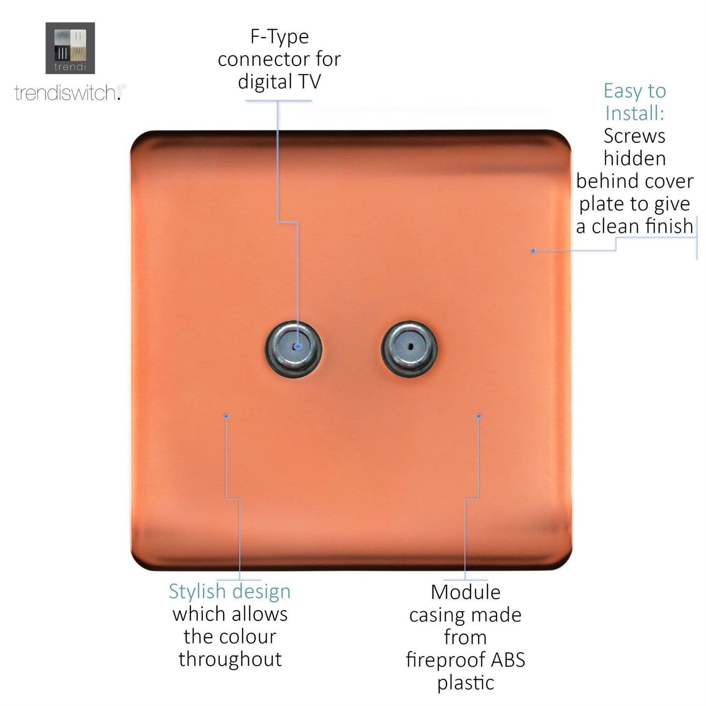 Trendi Switch 2 Gang Male F-Type Satellite Television Socket in Copper