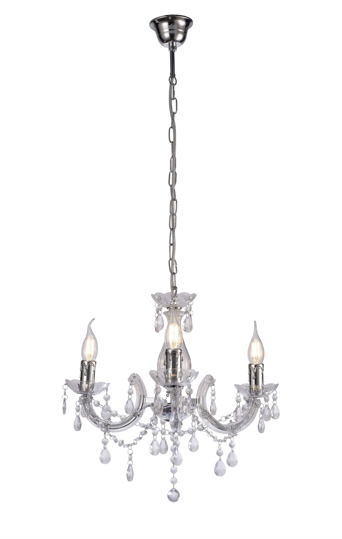 Deco Floria Chandelier with Acrylic Sconce & Acrylic Droplets 3 Light E14 Polished Chrome Finish