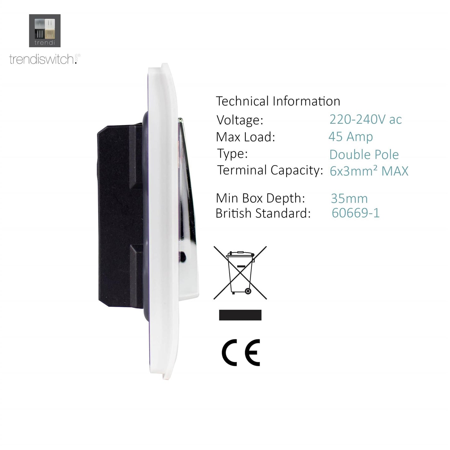 Trendi 45 A Cooker Switch & Neon Insert in Matt White - ART-WHS2MWH