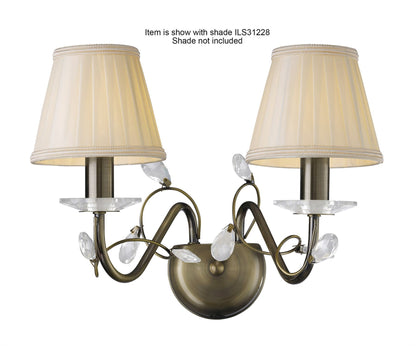 Diyas Willow Wall Light WITHOUT SHADE 2 Light E14 Antique Brass/Crystal