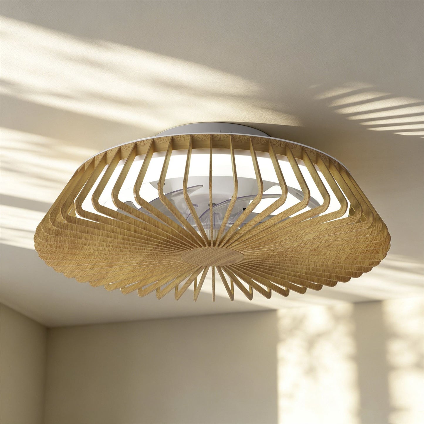 Himalaya Mini 53cm 70W LED Round Ceiling Light With 30W DC Reversible Fan, 2700-5000K Tuneable White, 4900lm, Remote Control, Wood, 3yrs Warranty