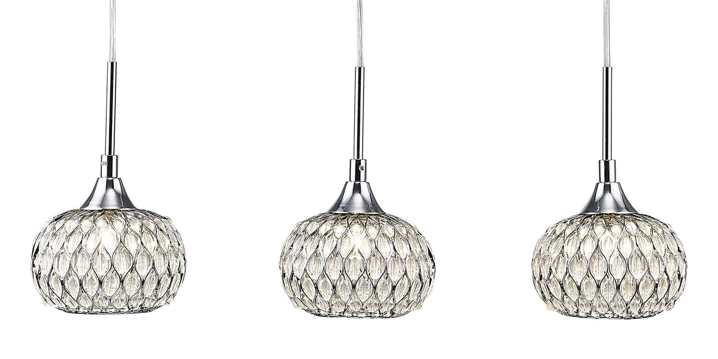 Diyas Chelsie Linear  3 Light G9 Line Polished Chrome/Clear Beaded Glass Ceiling Pendant Light Fitting