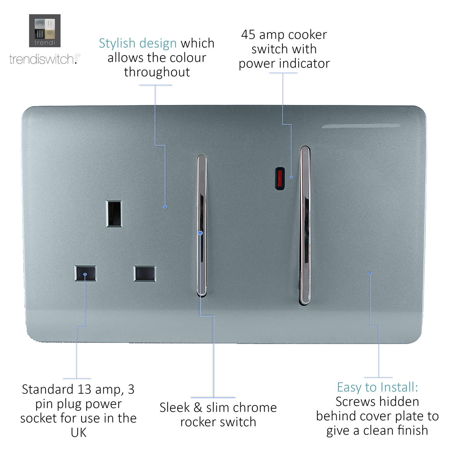 Trendi Artistic Modern Glossy 45 A Cooker Switch & Plug Socket Inc Neon Insert Cool Grey