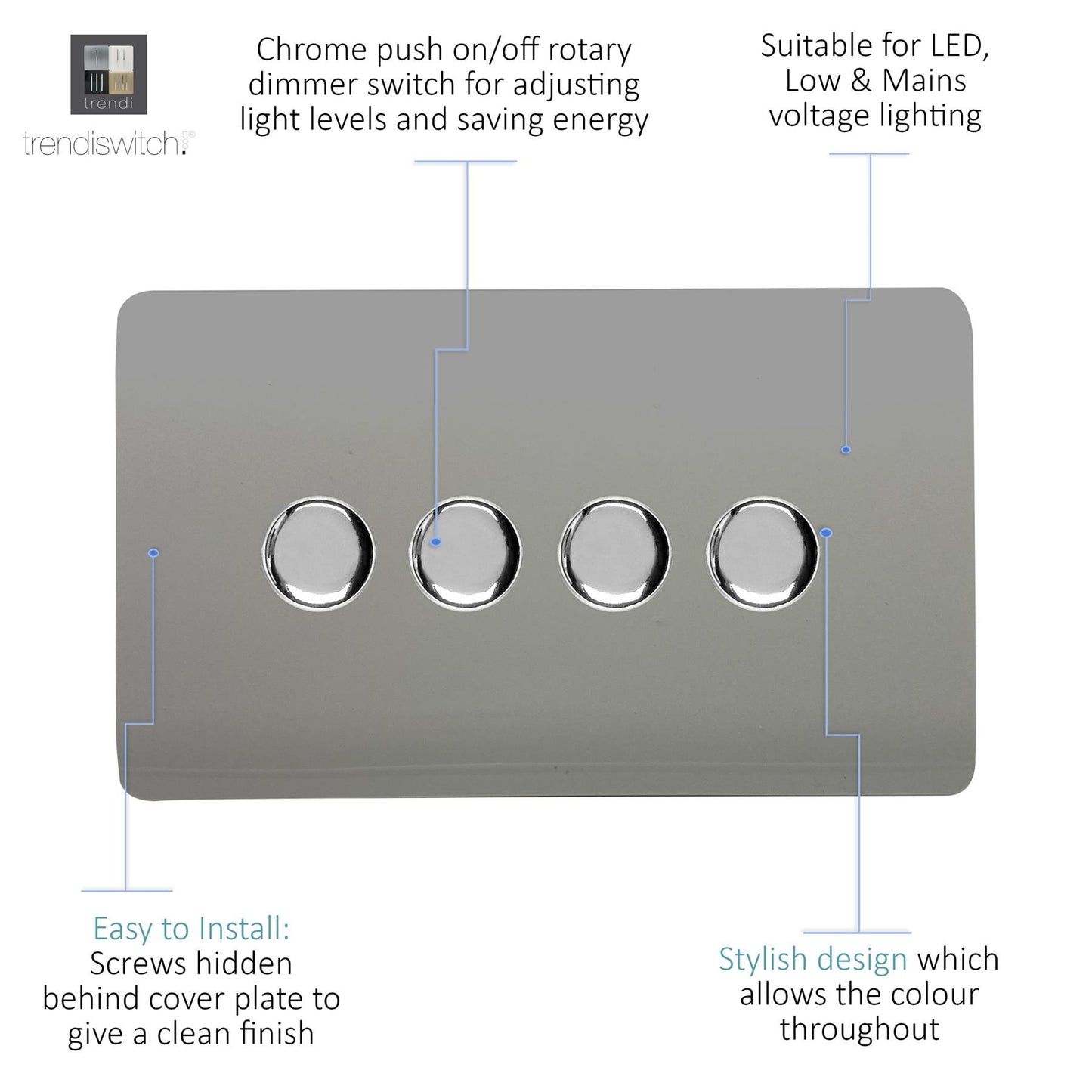 Trendi 4 Gang 2 Way 240V 100w LED Dimmer Screwless Raised Front Plate Plastic Artistic Modern Glossy 10 Amp Chrome Single Electrical Wall Light Switch in Light Grey - ART-4LDMLG
