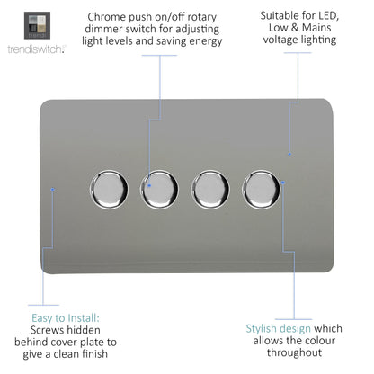 Trendi 4 Gang 2 Way 240V 100w LED Dimmer Screwless Raised Front Plate Plastic Artistic Modern Glossy 10 Amp Chrome Single Electrical Wall Light Switch in Light Grey - ART-4LDMLG