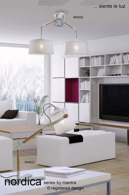 Mantra M4930 Nordica Linear Pendant with White Shade 2 Light E27, Matt White/Beech with Ivory White Shades