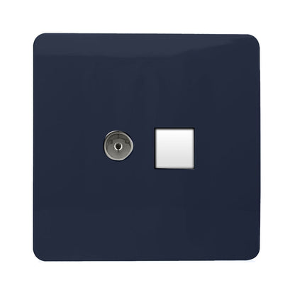 Trendi Switch 2 Gang Female TV Co-Axial & RJ45 Cat 6 Modern Designer PC Ethernet Sockets in Navy