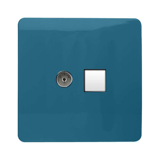 Trendi Switch 2 Gang TV Co-Axial & RJ45 Cat 6 Modern Designer PC Ethernet Sockets in Ocean Blue