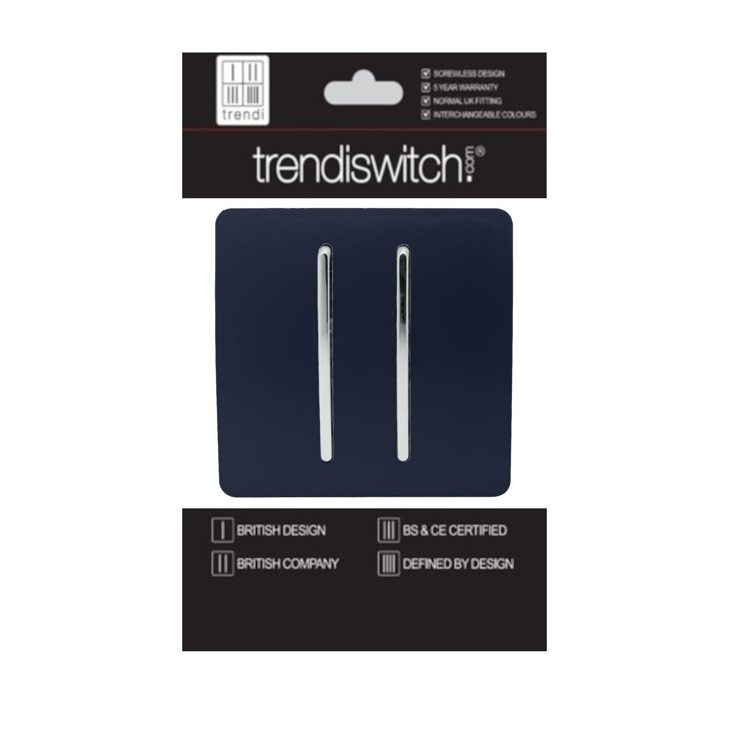 Trendi 2 Gang 2 Way 240V Screwless Artistic Modern Glossy 10 Amp Chrome Rocker Electrical Wall Light Switch in Navy Blue (2 pack)