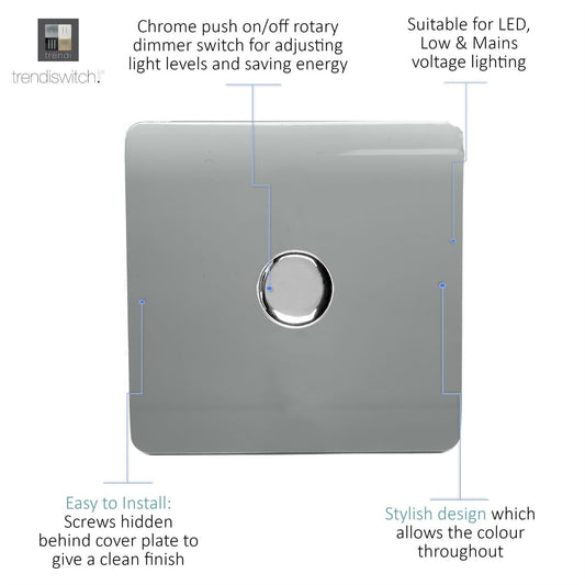 Trendi 1 Gang 2 Way 240V 100w LED Dimmer Screwless Raised Front Plate Plastic Artistic Modern Glossy 10 Amp Chrome Single Electrical Wall Light Switch in Platinum Silver - ART-LDMSI