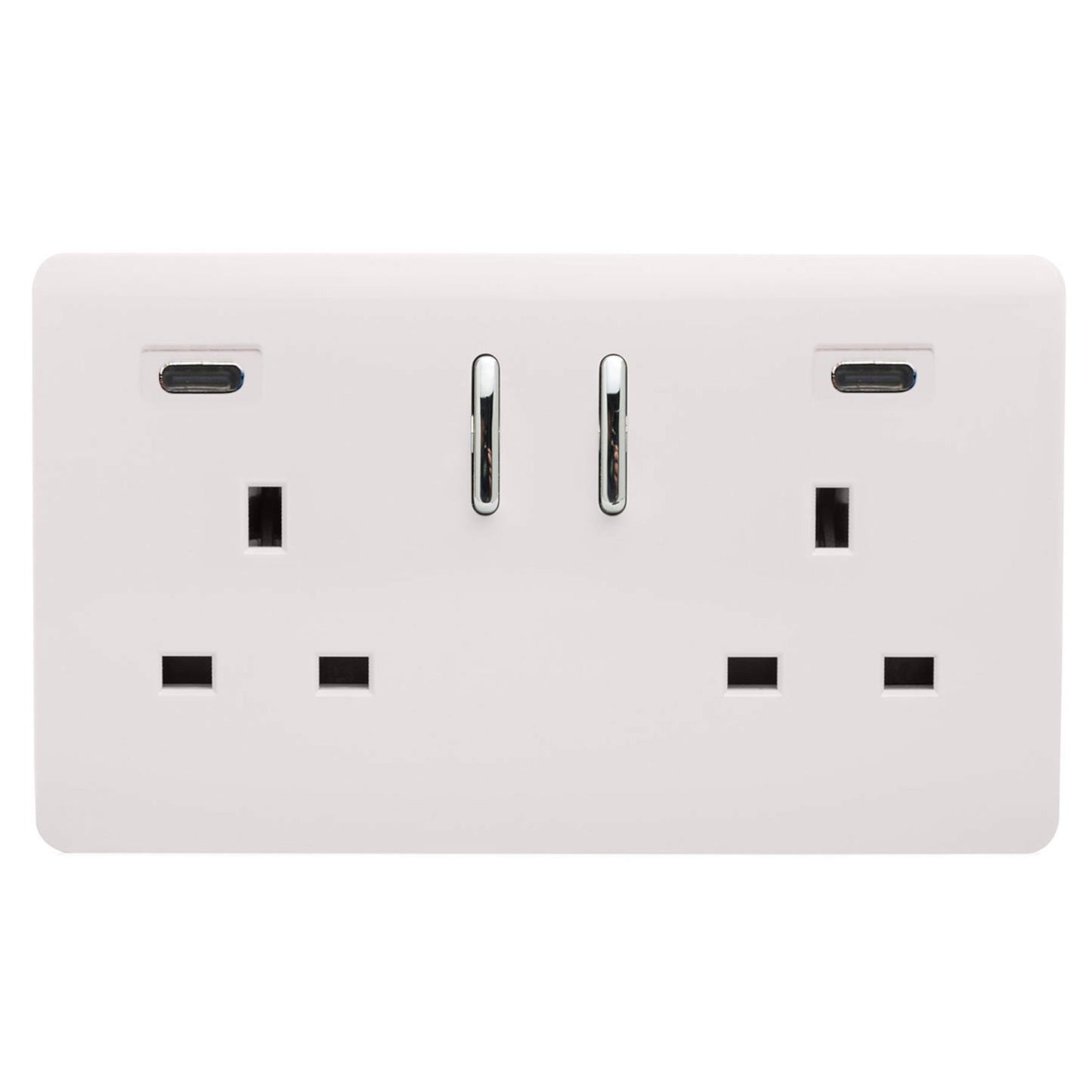 Ice White Screwless 2 Gang Switched Double Socket 13A With 2 x USB-C 24W (Shared), (35mm Back Box Req.), 10yrs Warranty