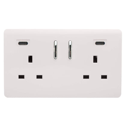 Ice White Screwless 2 Gang Switched Double Socket 13A With 2 x USB-C 24W (Shared), (35mm Back Box Req.), 10yrs Warranty