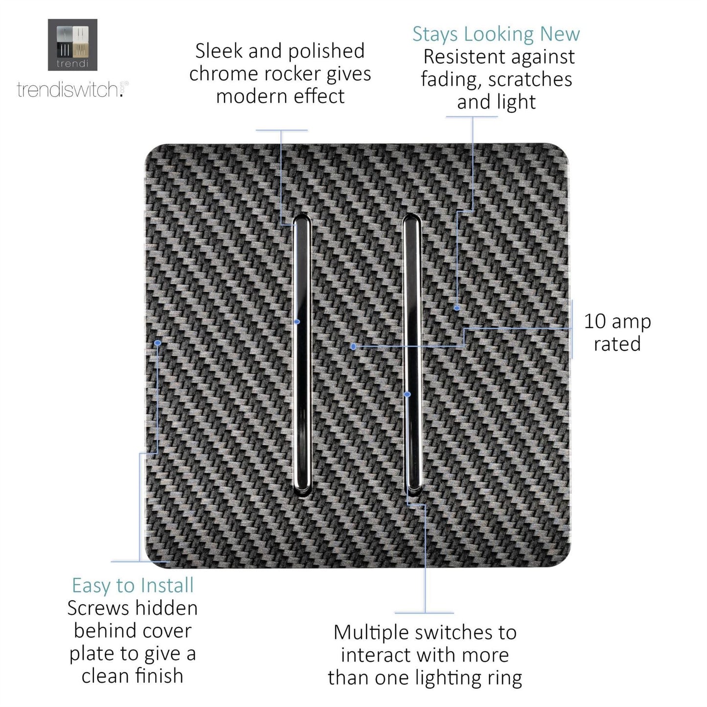 Trendi Switch 2 Gang 1 or 2 way Rocker Modern Designer Light Switch in Carbon Fibre