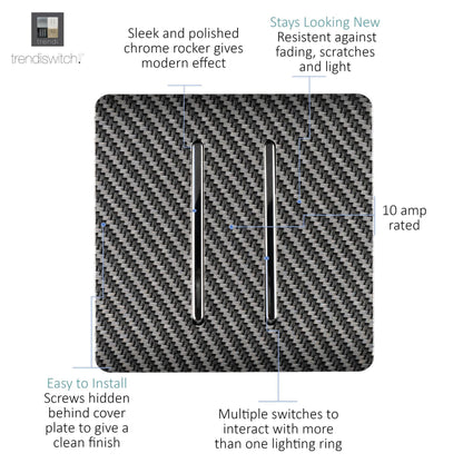 Trendi Switch 2 Gang 1 or 2 way Rocker Modern Designer Light Switch in Carbon Fibre