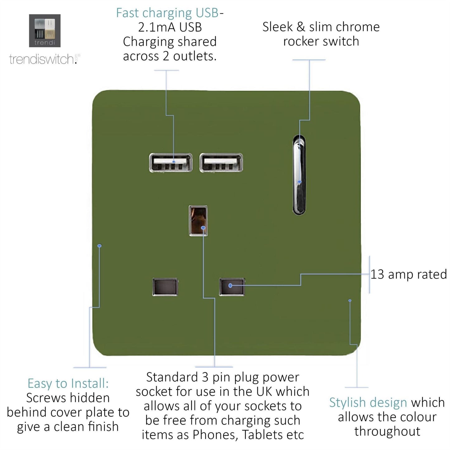 Trendi 1 Gang Artistic Modern Glossy 13 Amp 2x2.1mA USB Switched Tactile Moss Green