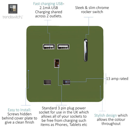 Trendi 1 Gang Artistic Modern Glossy 13 Amp 2x2.1mA USB Switched Tactile Moss Green