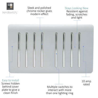 Trendi  8 Gang 2 Way Rocker Black Double Plate Light Switch in Silver