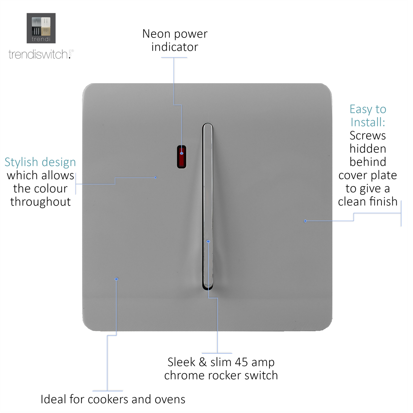 Trendi Artistic Modern Glossy 45 A Tactile Light Switch & Neon Insert Light Grey