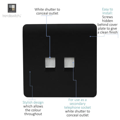 Trendi Modern 2 Gang Telephone Socket Matt Black Soft Touch - ART-2TLPSTB