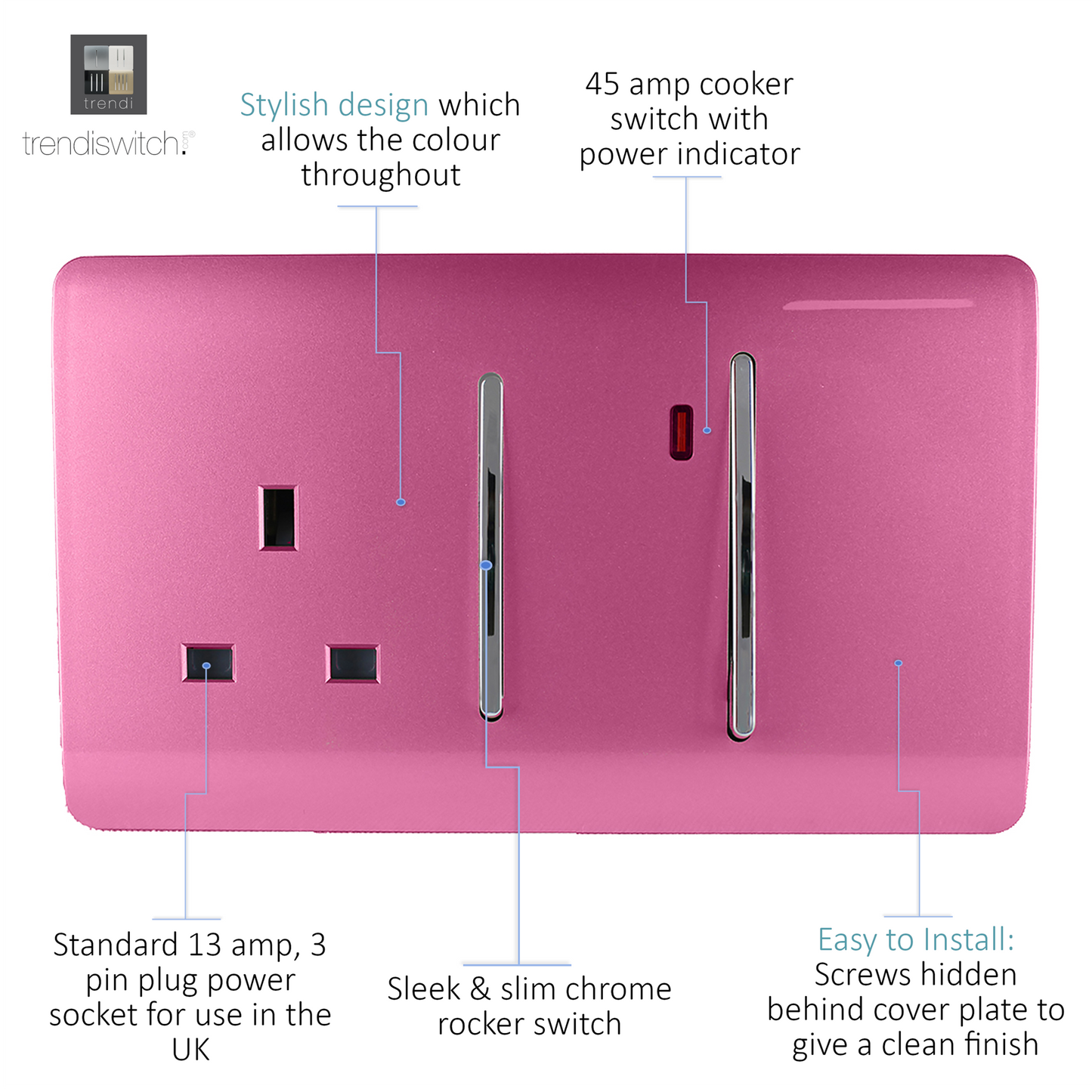Trendi Artistic Modern Glossy 45 A Cooker Switch & Plug Socket Inc Neon Insert Pink