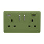 Moss Green Screwless 2 Gang Switched Double Socket 13A With 1 x USB-A & 1 x USB-C 65W (Shared), (35mm Back Box Req.), 10yrs Warranty