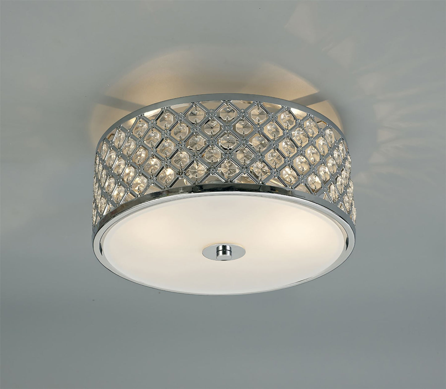 Deco Sasha 2 Light E14, Flush Ceiling Light, 300mm Round, Polished Chrome with Crystal Glass and Opal Glass Diffuser
