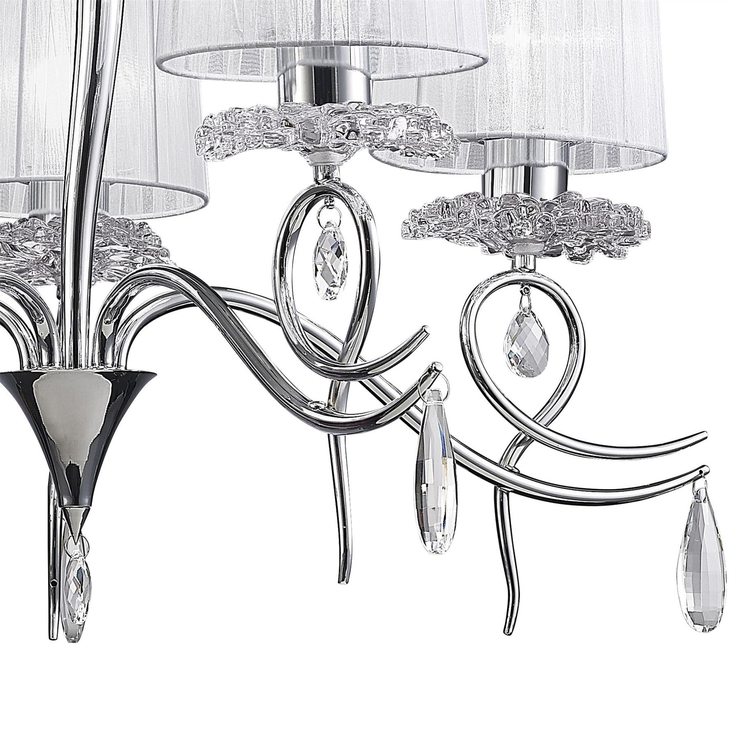 Mantra Louise Pendant 5 Light E27 with White Shades Polished Chrome/Clear Crystal