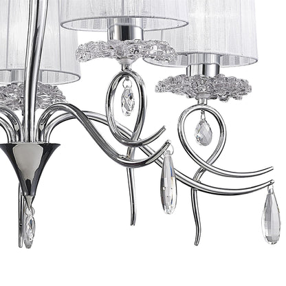Mantra Louise Pendant 5 Light E27 with White Shades Polished Chrome/Clear Crystal