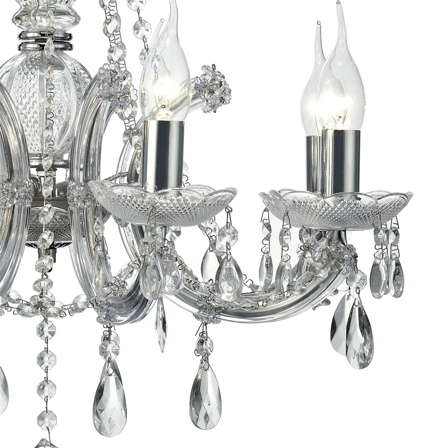 Deco Gabrielle Chandelier with Acrylic Sconce & Glass Crystal Droplets 8 Light E14 Polished Chrome Finish