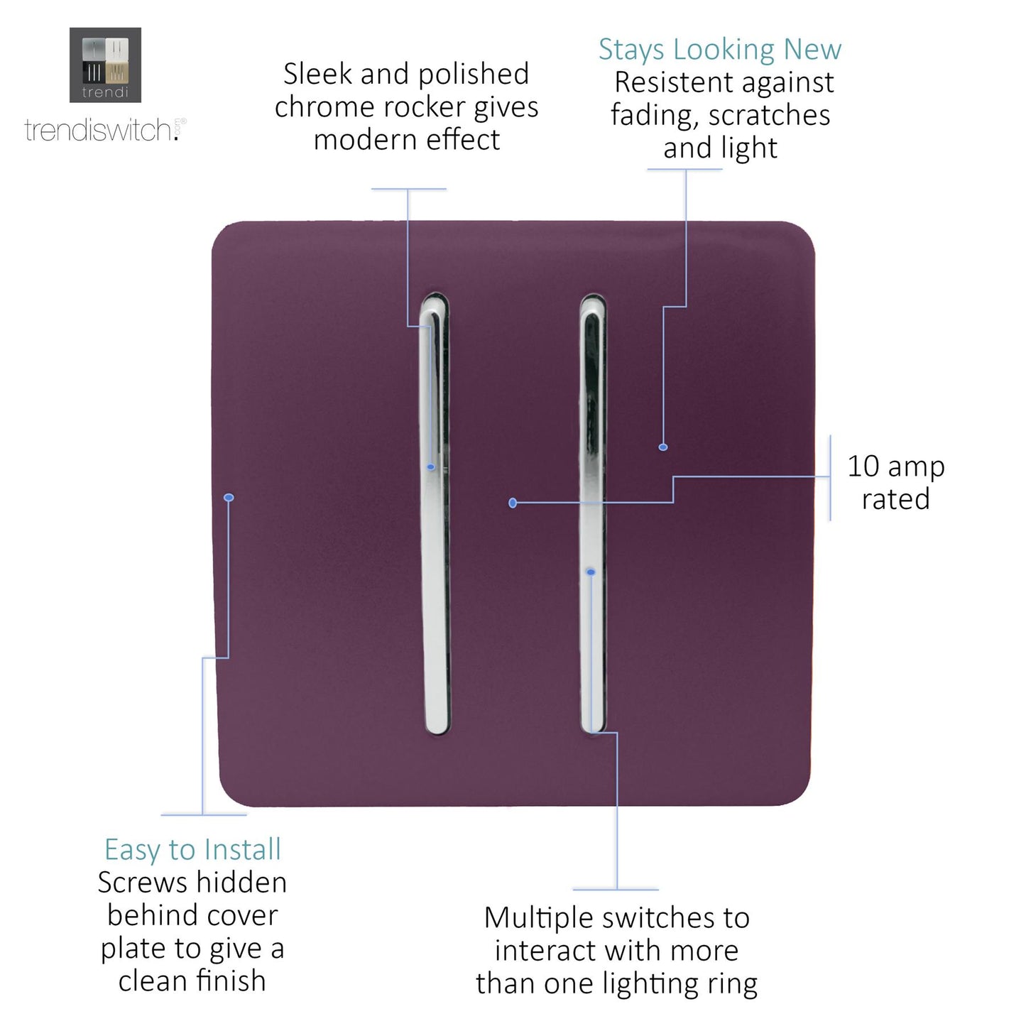 Trendi 2 Gang 2 Way 240V Screwless Artistic Modern Glossy 10 Amp Chrome Rocker Electrical Wall Light Switch in Plum Purple (2 pack)