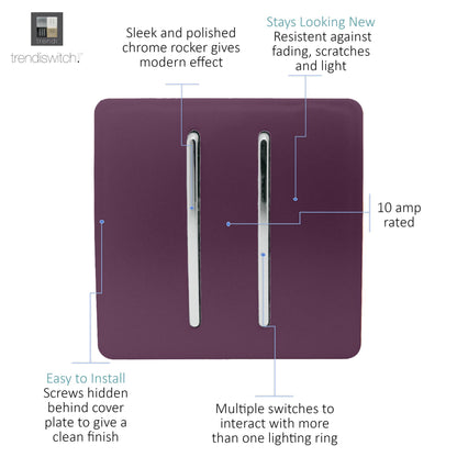 Trendi 2 Gang 2 Way 240V Screwless Artistic Modern Glossy 10 Amp Chrome Rocker Electrical Wall Light Switch in Plum Purple (2 pack)