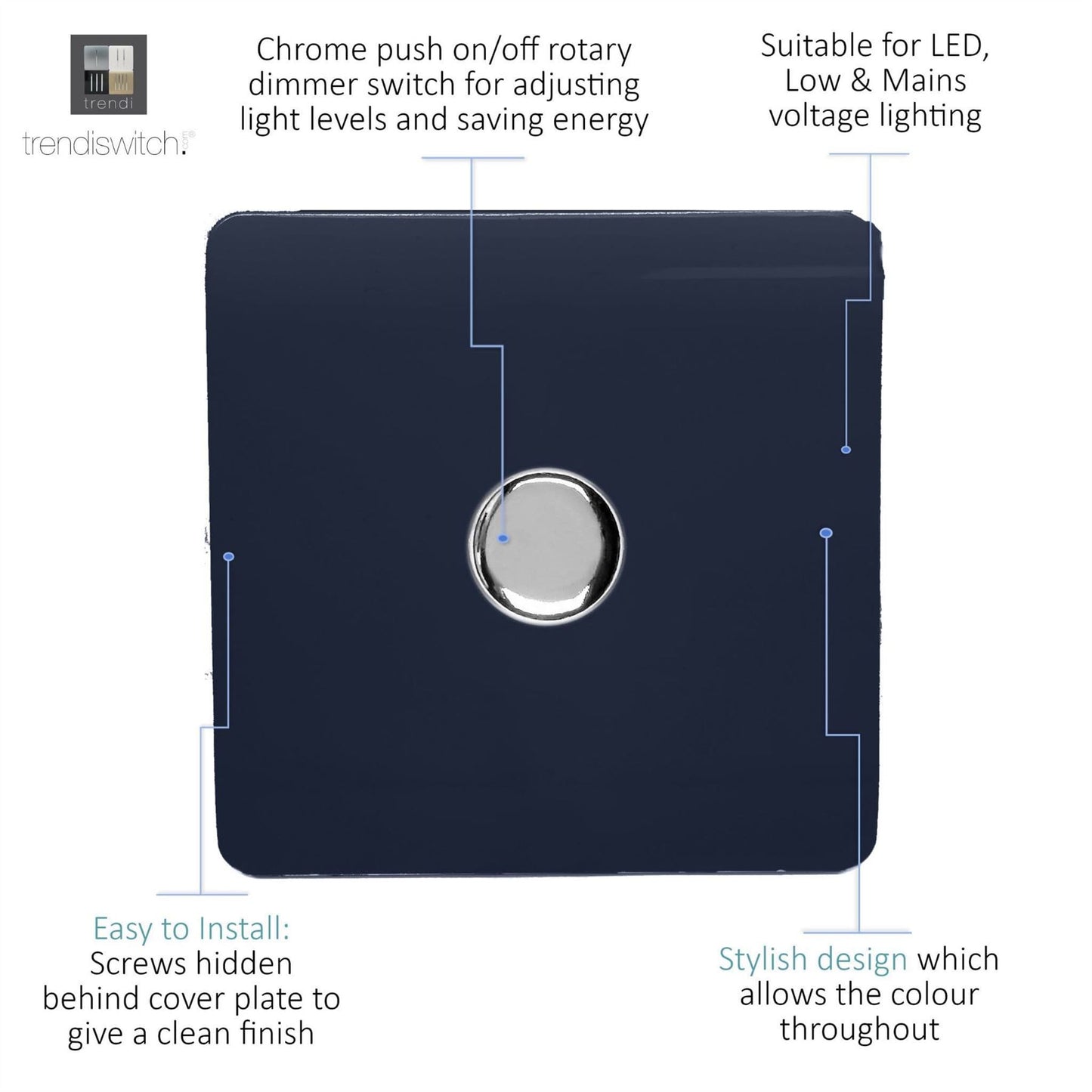 Trendi 1 Gang 2 Way 240V 100w LED Dimmer Screwless Raised Front Plate Plastic Artistic Modern Glossy 10 Amp Chrome Single Electrical Wall Light Switch in Navy - ART-LDMNV