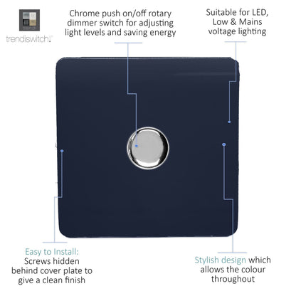 Trendi 1 Gang 2 Way 240V 100w LED Dimmer Screwless Raised Front Plate Plastic Artistic Modern Glossy 10 Amp Chrome Single Electrical Wall Light Switch in Navy - ART-LDMNV