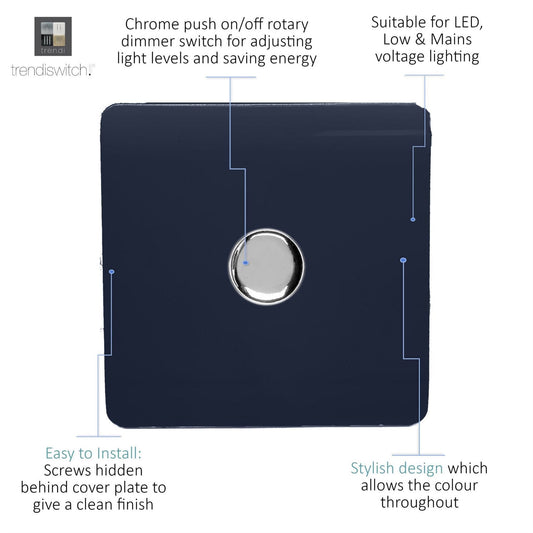 Trendi 1 Gang 2 Way 240V 100w LED Dimmer Screwless Raised Front Plate Plastic Artistic Modern Glossy 10 Amp Chrome Single Electrical Wall Light Switch in Navy - ART-LDMNV