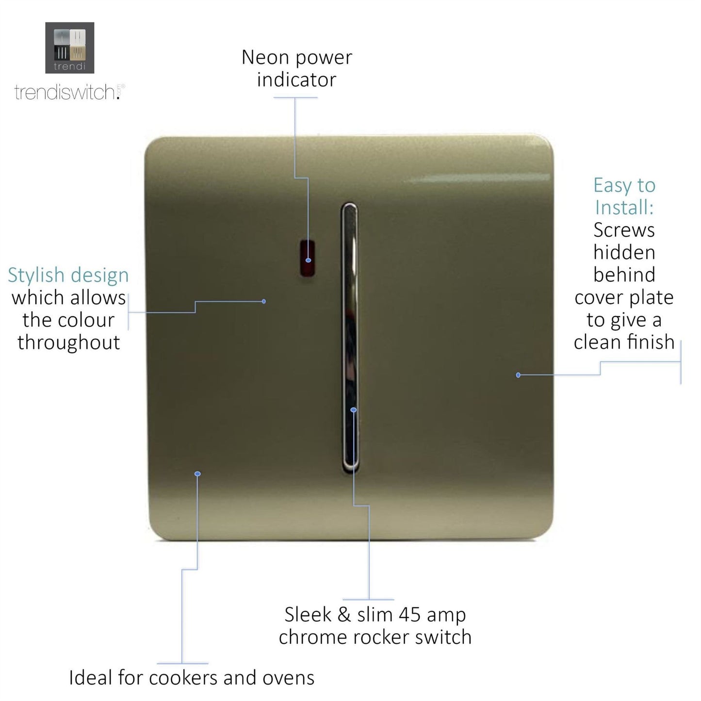 Trendi Artistic Modern Glossy 20 A  Light Switch & Neon Insert Gold ART-WHS1GO