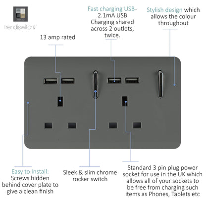 Trendi 2 Gang Artistic Modern Glossy 13 Amp 4x2.1mA USB Switched Tactile Plug Socket Charcoal