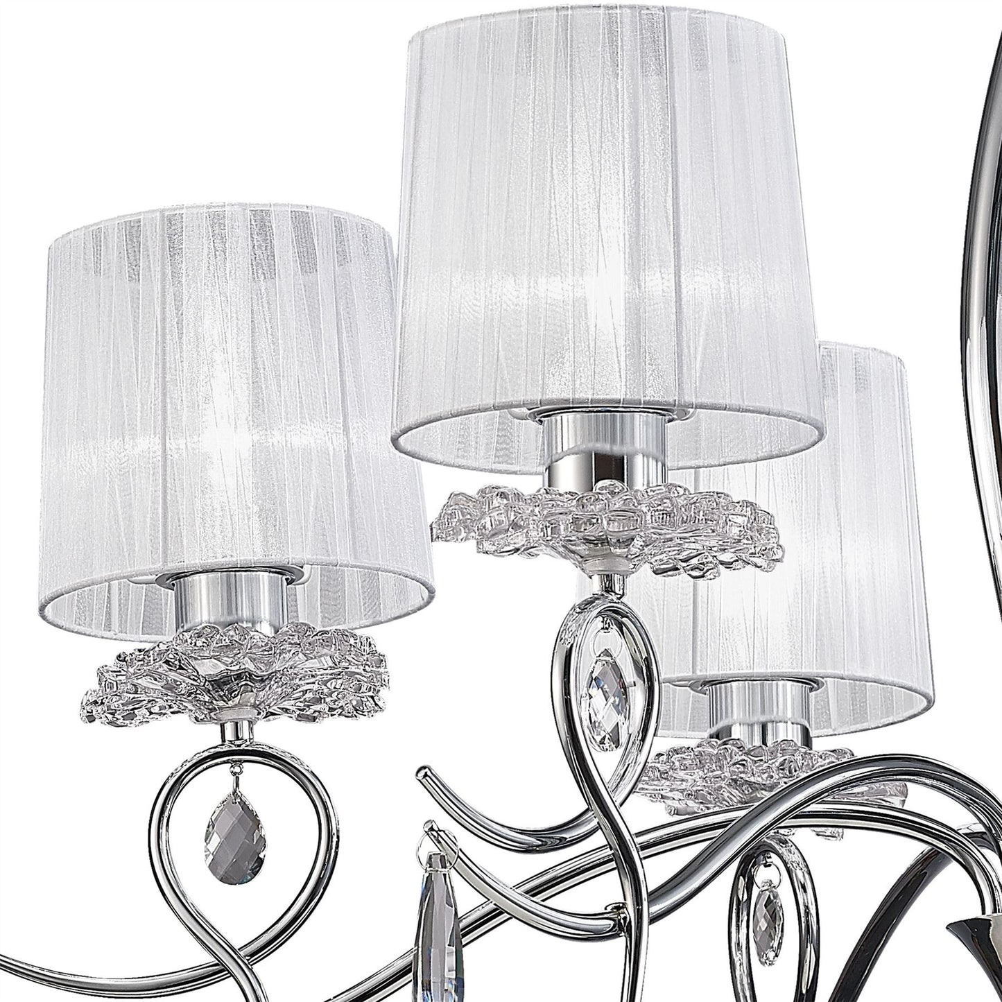 Mantra Louise Pendant 6 Light E27 with White Shades Polished Chrome/Clear Crystal