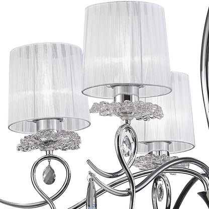 Mantra Louise Pendant 6 Light E27 with White Shades Polished Chrome/Clear Crystal