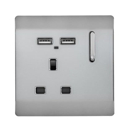 Trendi 1 Gang Artistic Modern Glossy 13 Amp 2 x 2.1mA USB Switched Plug Socket Stainless Steel